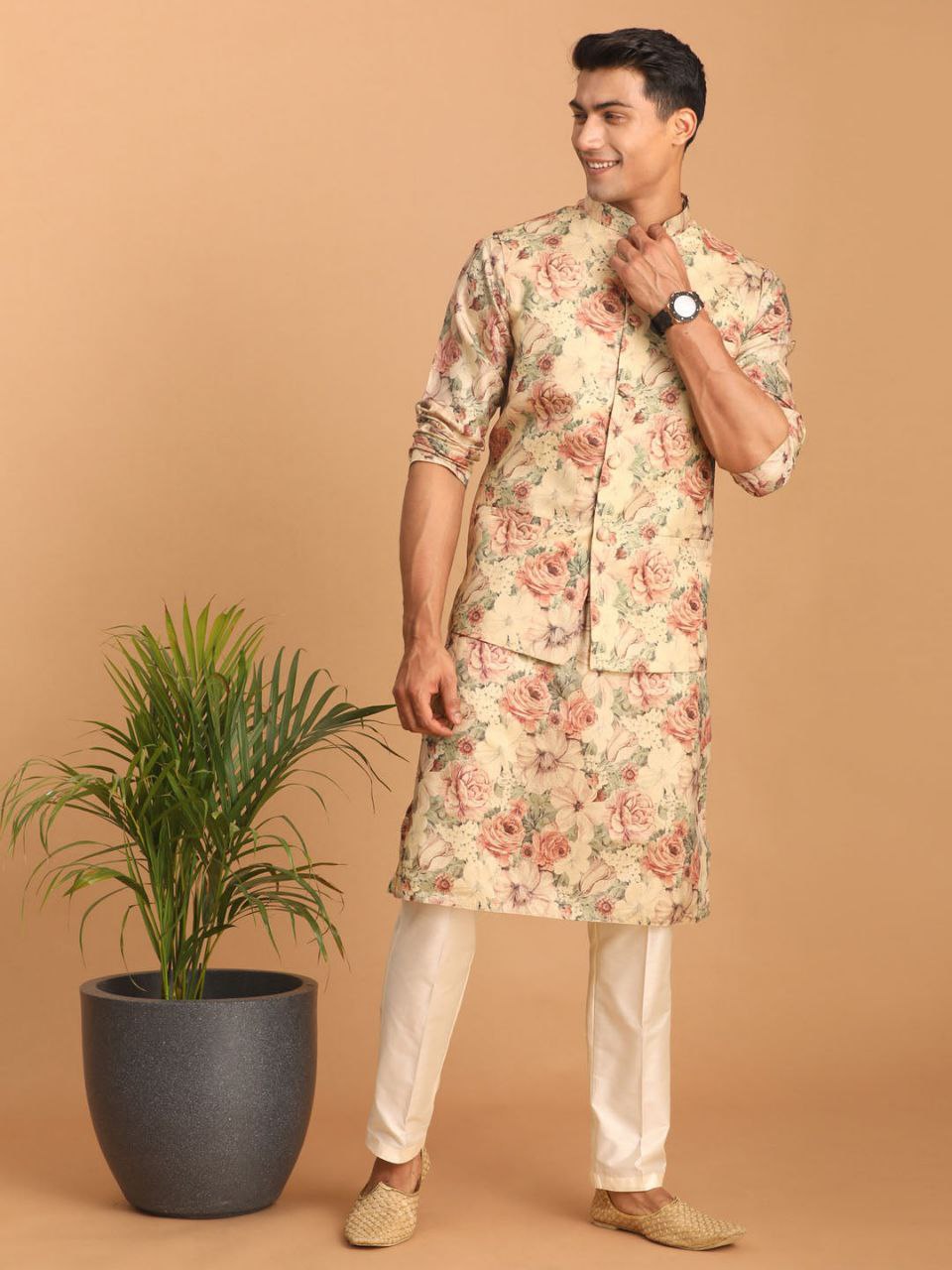 BEIGE COLOR REGULAR FIT FLORAL PRINT KURTA & PANTS WITH NEHRU JACKET