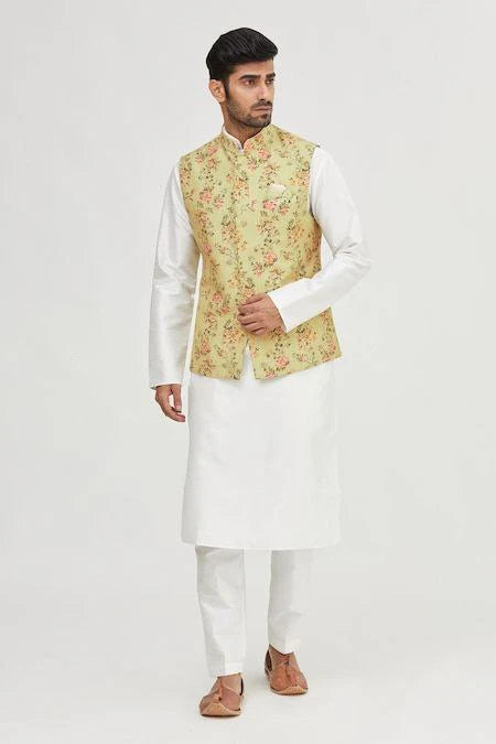 DIGITAL PRINTED ART SILK KURTA SET IN OFF WHITE KURTA PAJMA AND BANDI SET