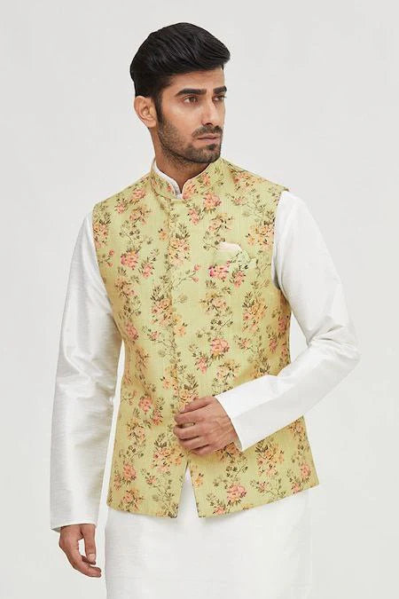 DIGITAL PRINTED ART SILK KURTA SET IN OFF WHITE KURTA PAJMA AND BANDI SET