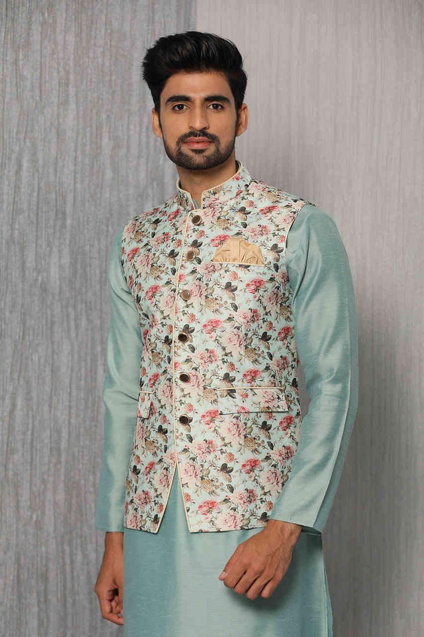 SPLENDID GREEN EGULAR FIT FLORAL PRINT KURTA & PANTS WITH NEHRU JACKET