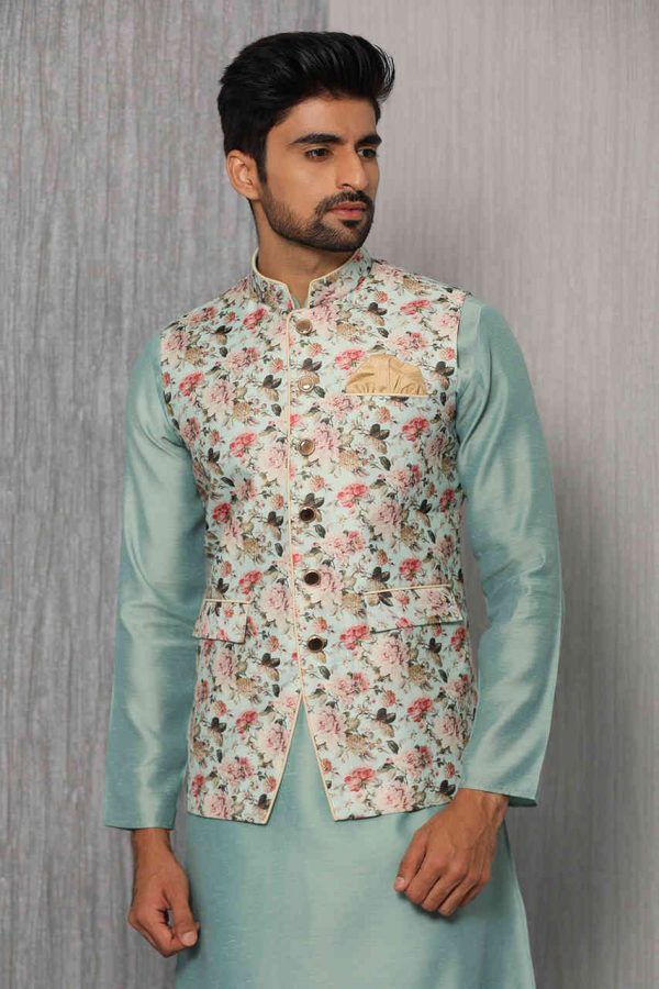 SPLENDID GREEN EGULAR FIT FLORAL PRINT KURTA & PANTS WITH NEHRU JACKET