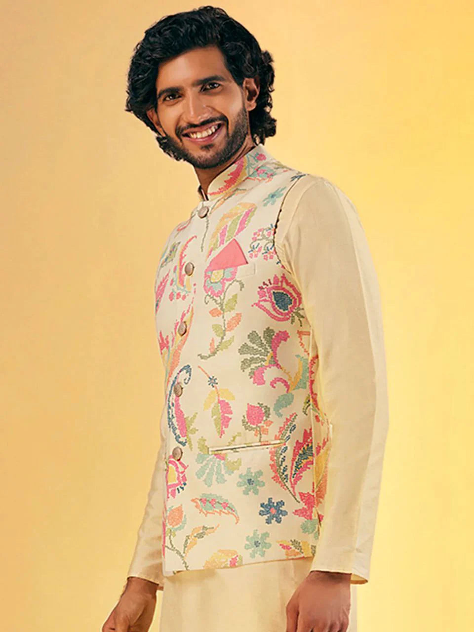 MEN'S MULTI COLOR REGULAR FIT FLORAL PRINT KURTA PANTS WITH NEHRU JACKET