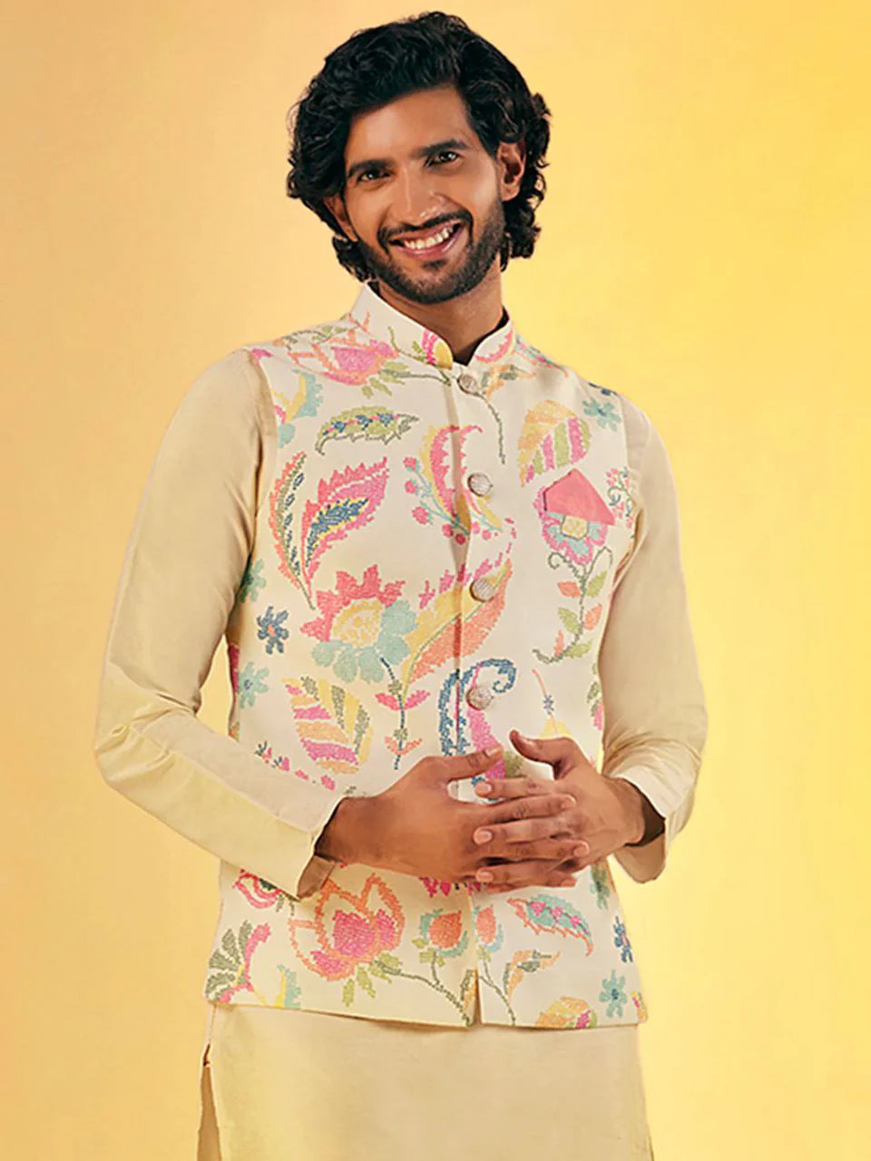 MEN'S MULTI COLOR REGULAR FIT FLORAL PRINT KURTA PANTS WITH NEHRU JACKET