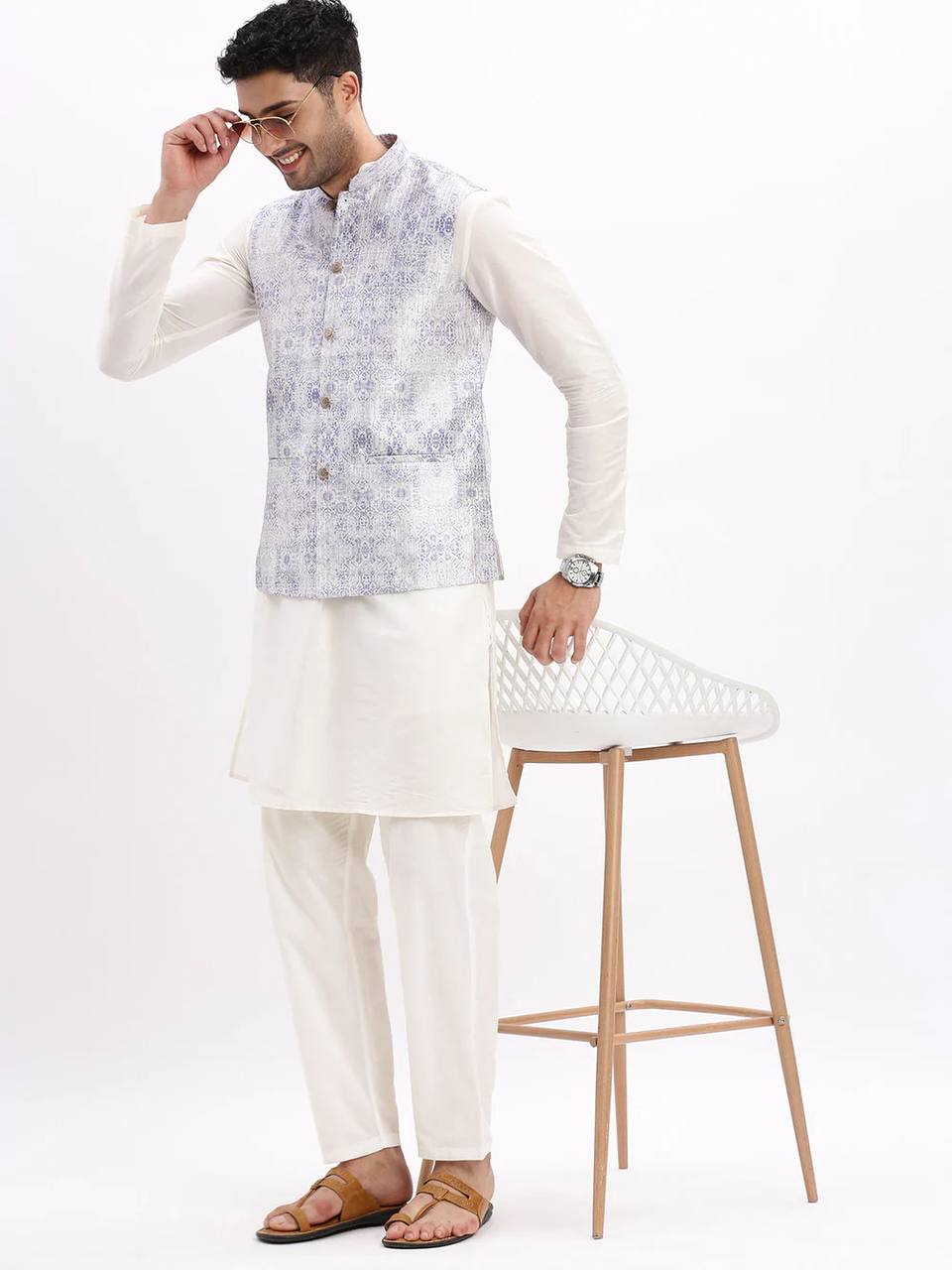 MEN SLIM FIT FLORAL LAVENDER  PRINTED OFF WHITE NEHRU JACKET