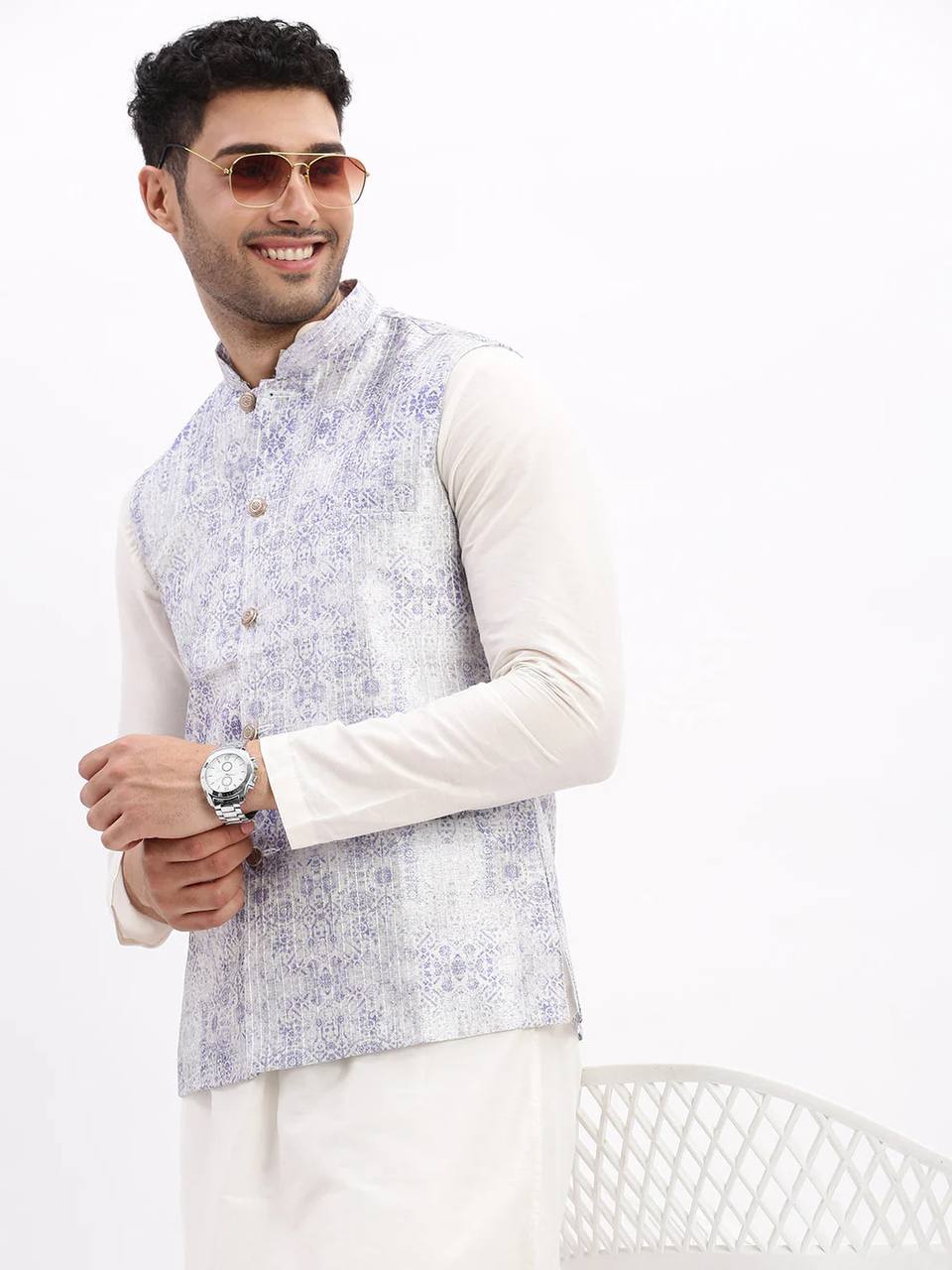 MEN SLIM FIT FLORAL LAVENDER  PRINTED OFF WHITE NEHRU JACKET