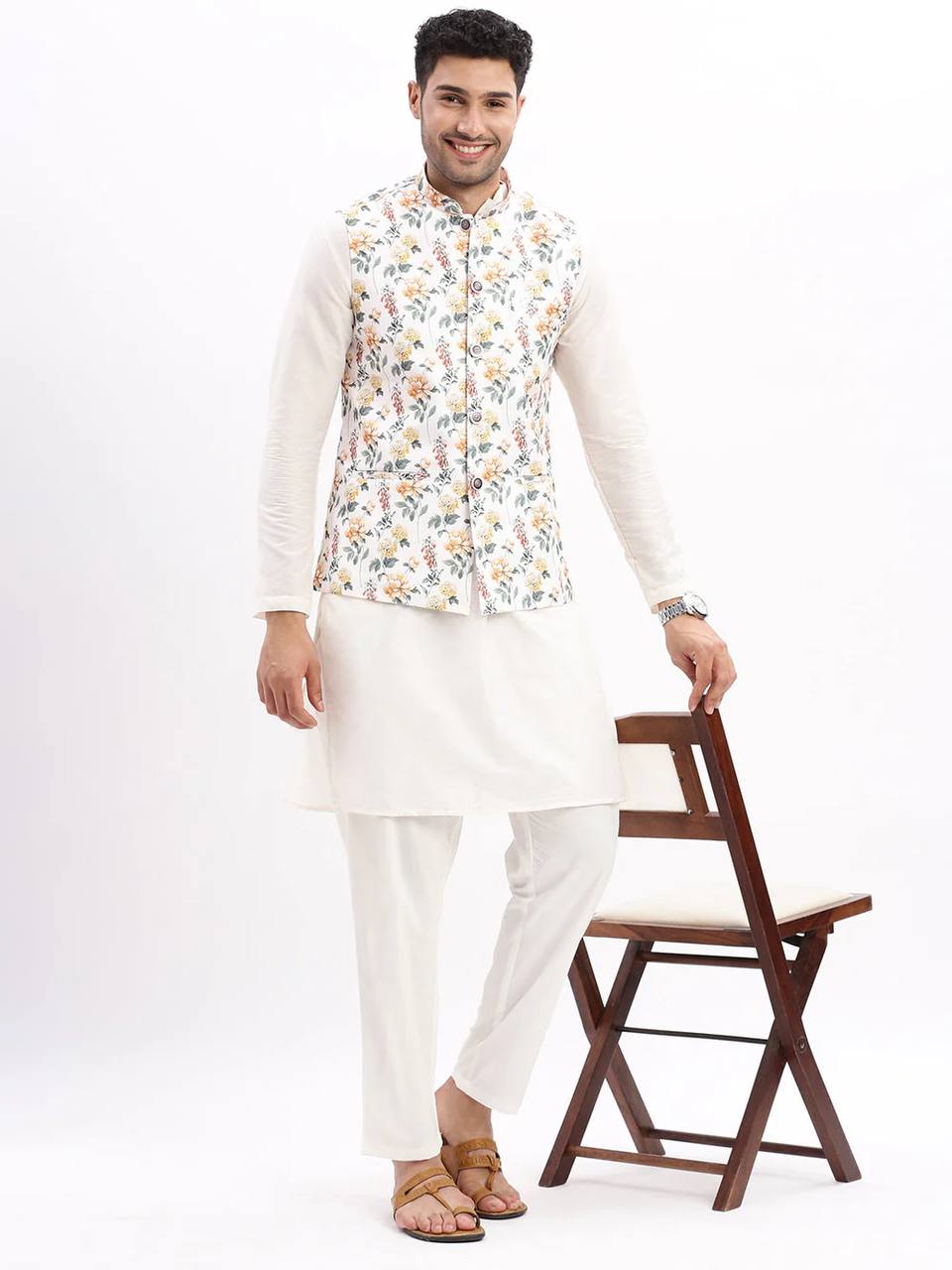 MEN SLIM FIT FLORAL PRINT OFF WHITE NEHRU JACKET