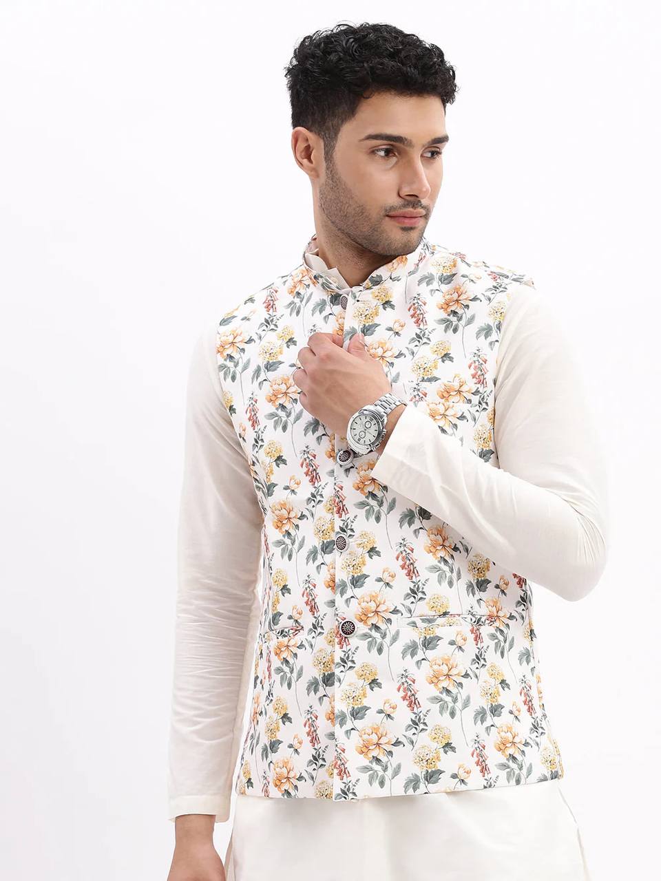 MEN SLIM FIT FLORAL PRINT OFF WHITE NEHRU JACKET