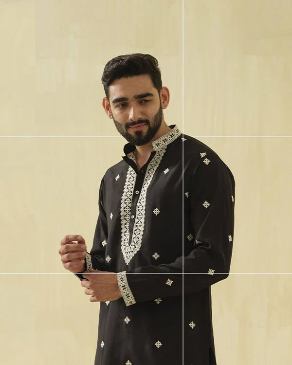 BLACK NECK AND BUTTI EMBROIDERED WORK KURTA WITH PAJAMA SET