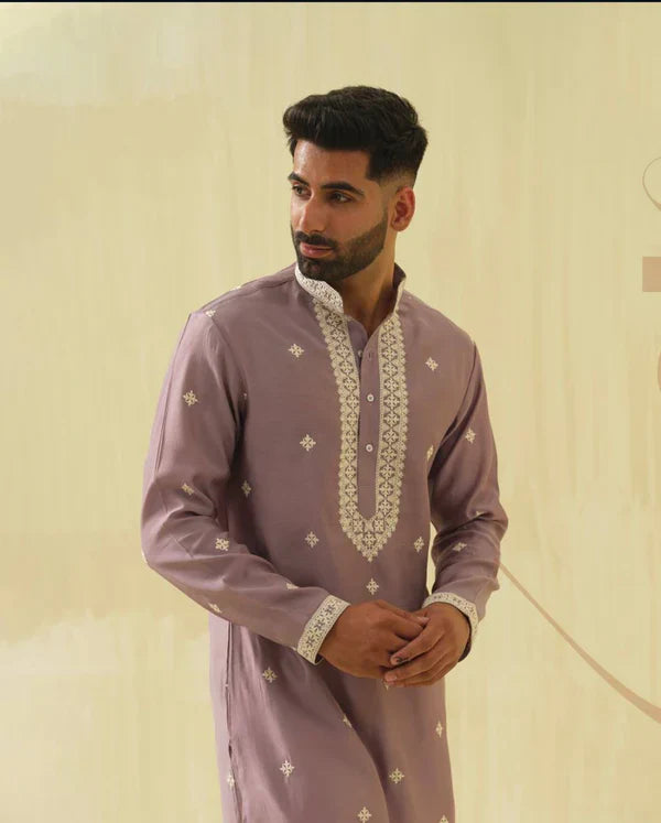 PURPLE NECK AND BUTTI EMBRO WORK KURTA WITH PAJAMA SET