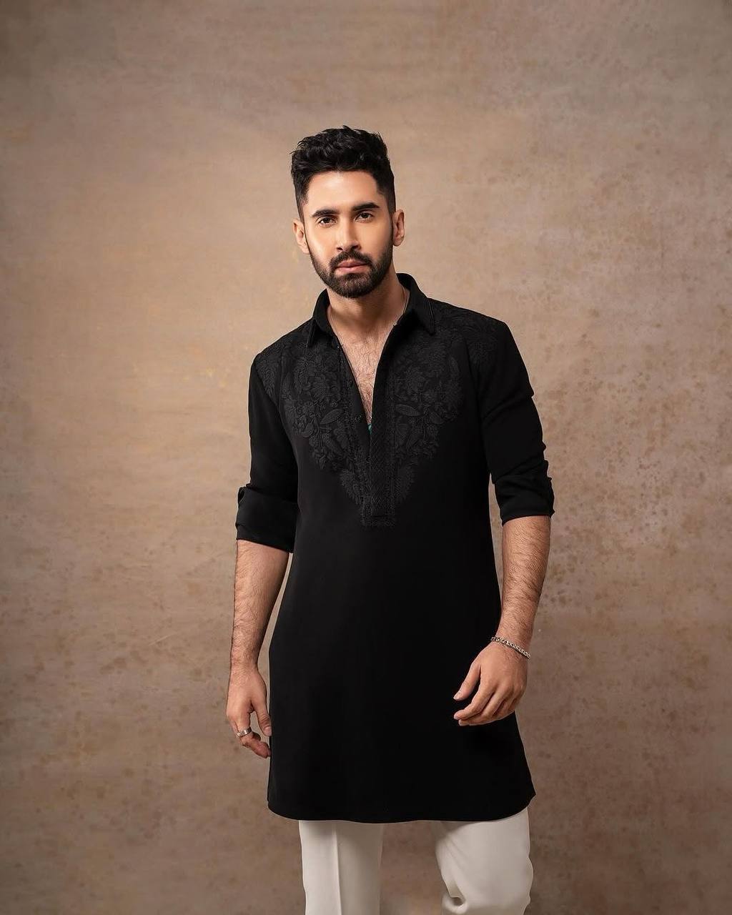 BLACK NECK COTTON EMBROIDERED WORK KURTA PAHAMA SET FOR MEN'S