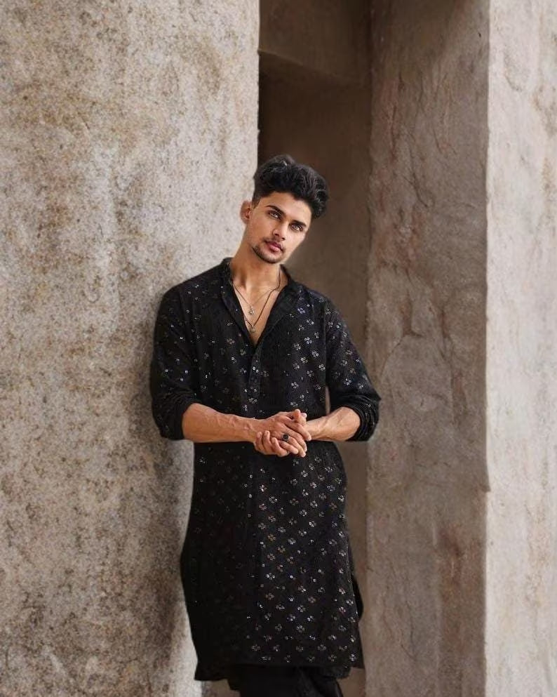 BLACK  EMBROIDERED AND SEQUENCE KURTA WITH PAJAMA