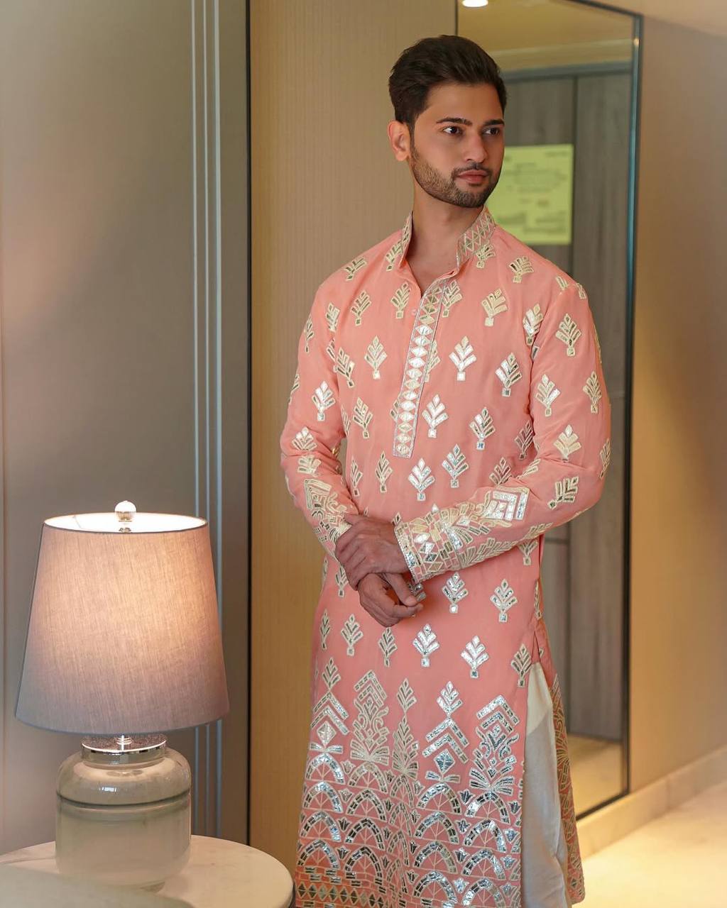BABY PINK FOIL EMBROIDERRED KURTA PAJAMA SET FOR MEN'S