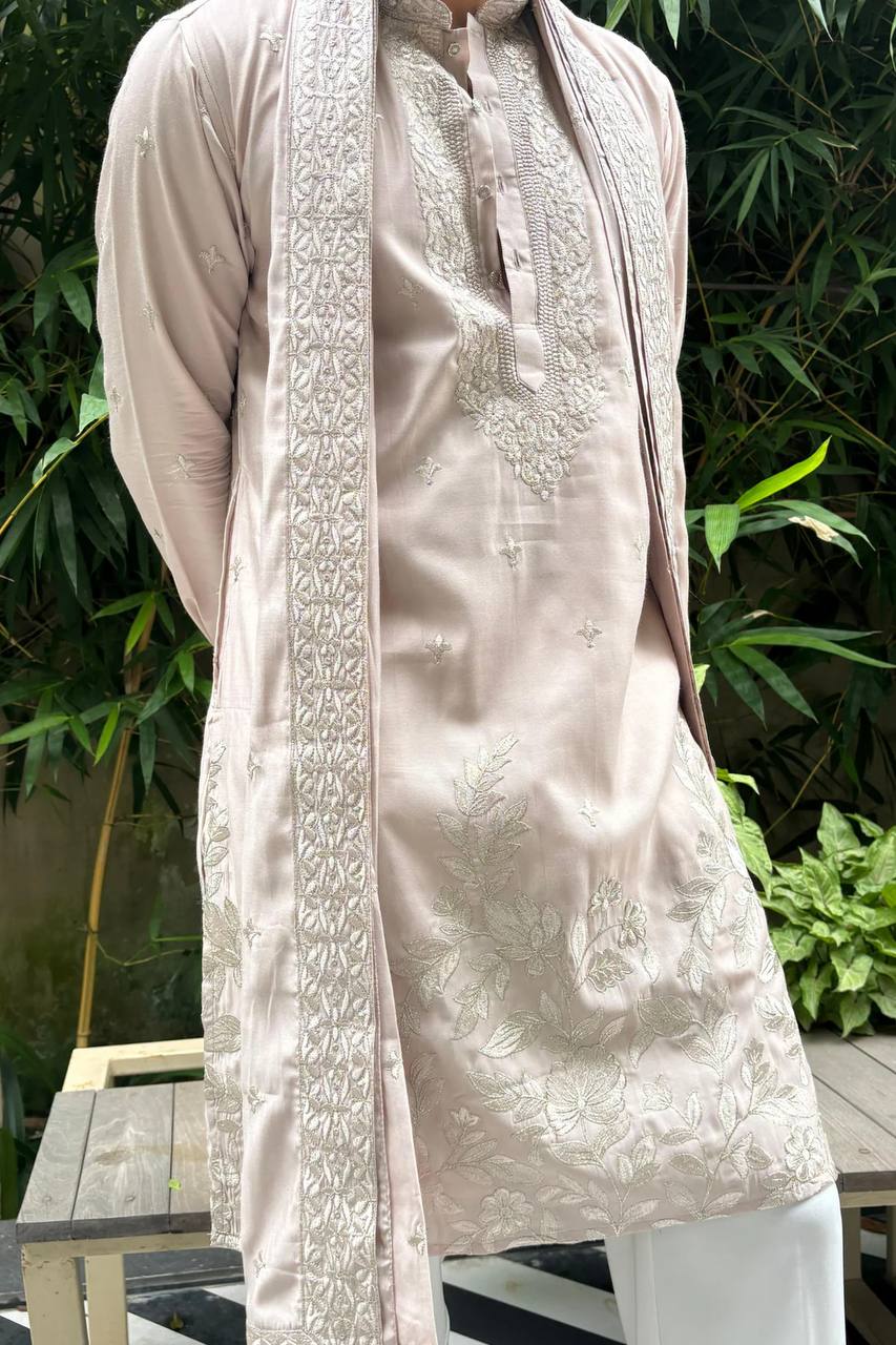 BLUSH PINK EMBROIDERRED KURTA PAJAMA WITH DUPATTA SET  FOR MEN'S