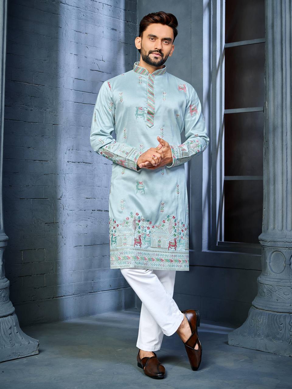 SKY BLUE  MULTI THREAD EMBROIDERY DEER PATTERN DAAMAN CONCEPT KURTA