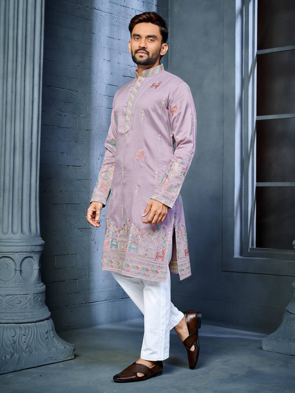 LIGHT  PURPLE MULTI THREAD EMBROIDERY DEER PATTERN DAAMAN CONCEPT KURTA